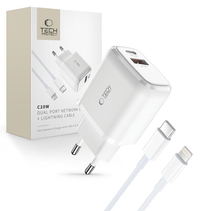 Ładowarka sieciowa TECH-PROTECT C20W 20W Biały ładowarka do telefonu USB, USB-C + kabel