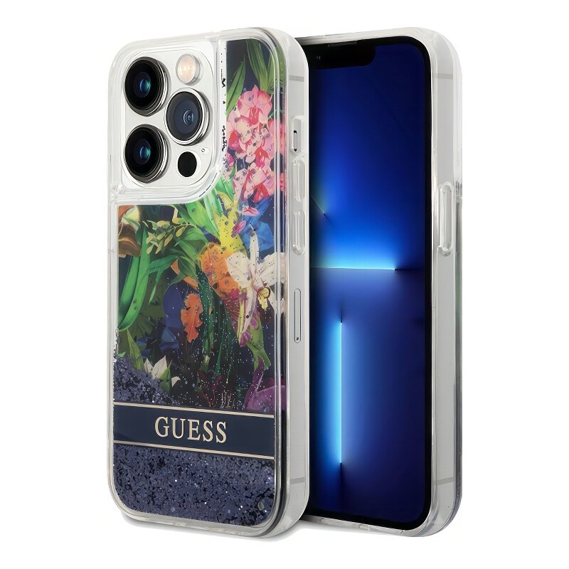 Etui GUESS Liquid Glitter Flower do Apple iPhone 14 Pro Max Niebieski