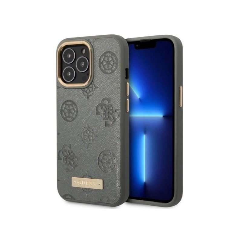 Etui GUESS Peony Logo Plate MagSafe do Apple iPhone 13 Pro Szary