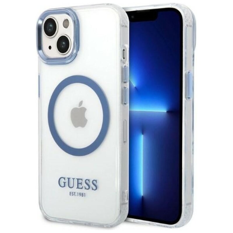 Etui GUESS Metal Outline MagSafe do Apple iPhone 14 Plus Przezroczysto-niebieski