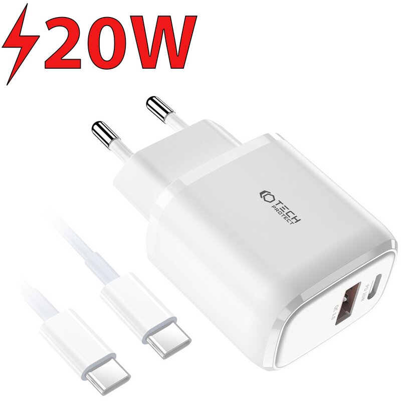 Ładowarka sieciowa TECH-PROTECT C20W 20W Biały ładowarka do telefonu USB, USB-C + kabel
