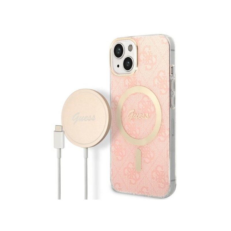 Etui GUESS 4G Print do Apple iPhone 14 Plus Różowy + Ładowarka MagSafe