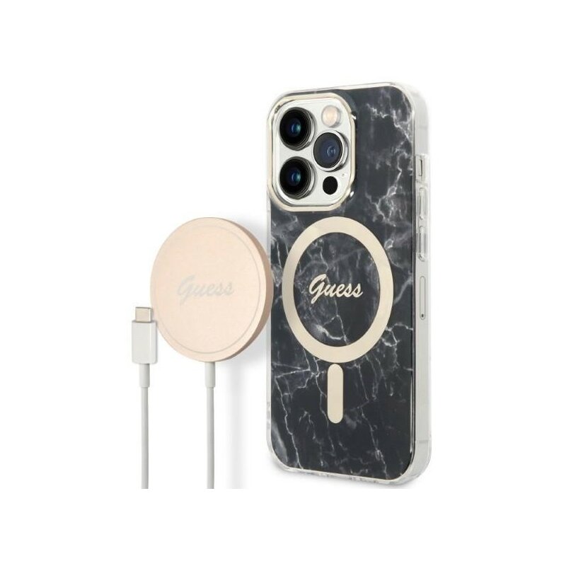 Etui GUESS Marble do Apple iPhone 14 Pro Czarny + Ładowarka MagSafe
