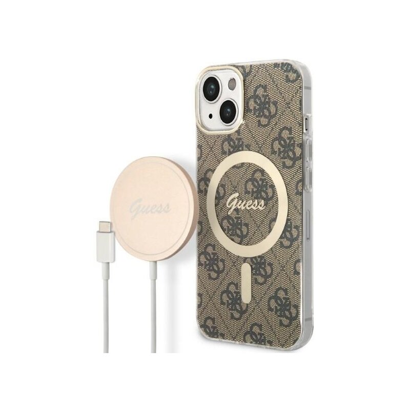 Etui GUESS 4G Print do Apple iPhone 14 Brązowy + Ładowarka MagSafe