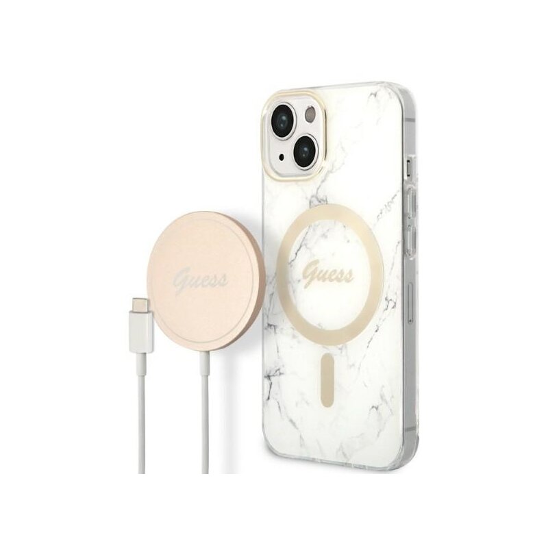 Etui GUESS Marble do Apple iPhone 14 Plus Biały + Ładowarka MagSafe