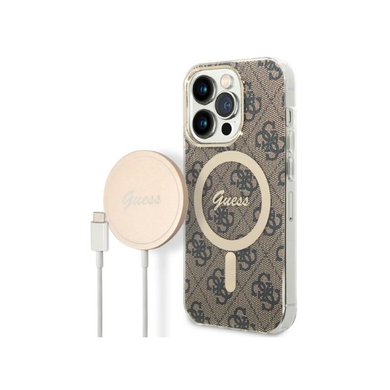 Etui GUESS 4G Print do Apple iPhone 14 Pro Max Brązowy + Ładowarka MagSafe