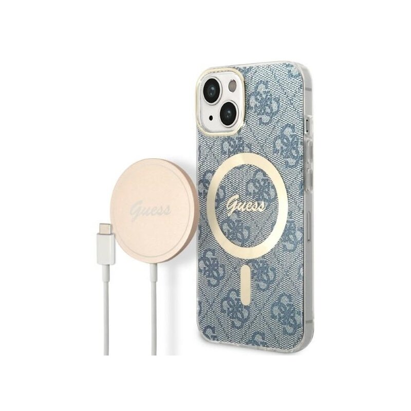 Etui GUESS 4G Print do Apple iPhone 14 Niebieski + Ładowarka MagSafe