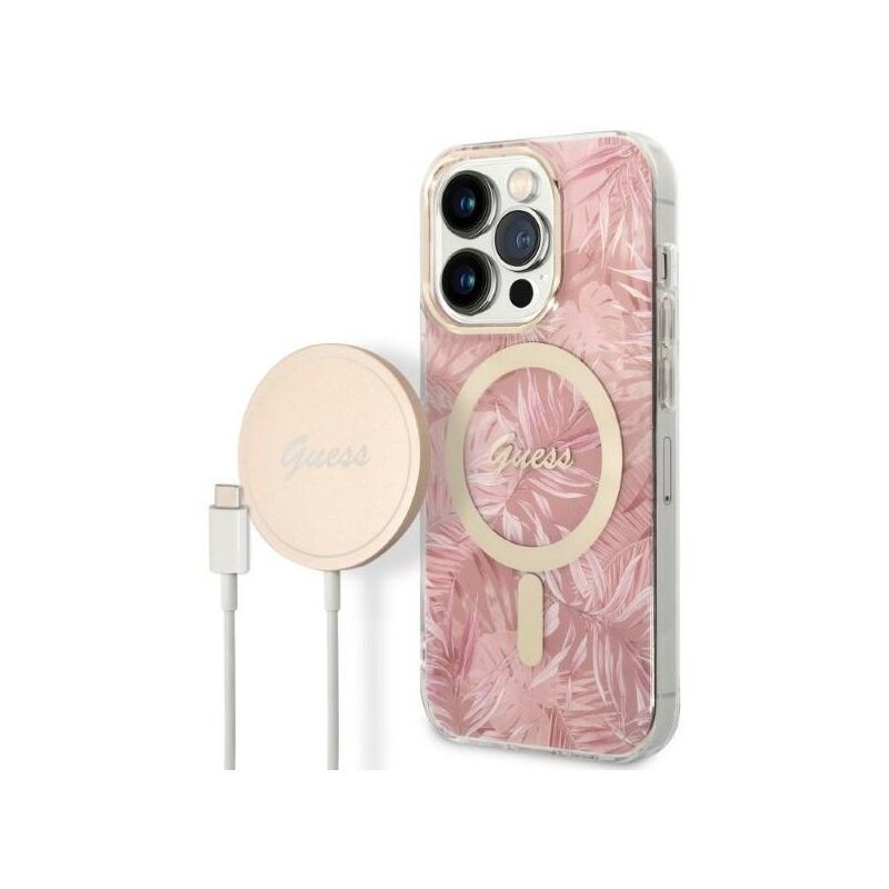 Etui GUESS Jungle do Apple iPhone 14 Pro Różowy + Ładowarka MagSafe