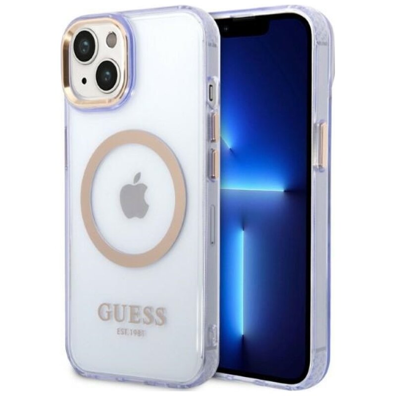 Etui GUESS Gold Outline Translucent MagSafe do Apple iPhone 14 Purpurowo-złoty