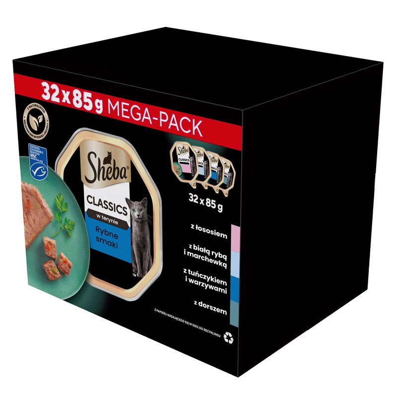 SHEBA Classics Ocean Selection Pasztet Biała Ryba, Dorsz, Łosoś, Tuńczyk Box - mokra karma dla kota - 32x85g