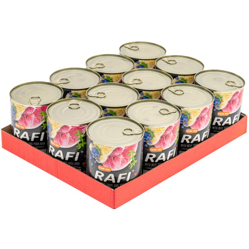 Karma dla psa RAFI z żołądkami wołowymi, szynką wieprzową z borówką i żurawiną 12 x 800 g