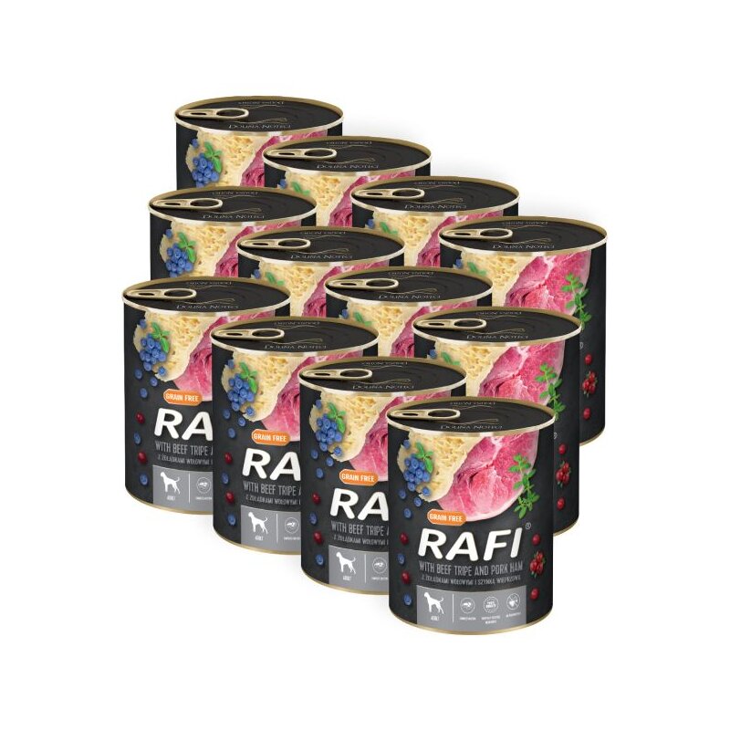 Karma dla psa RAFI z żołądkami wołowymi, szynką wieprzową z borówką i żurawiną 12 x 800 g
