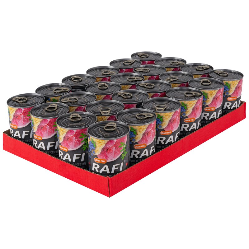 Karma dla psa RAFI z żołądkami wołowymi, szynką wieprzową z borówką i żurawiną 24 x 400 g