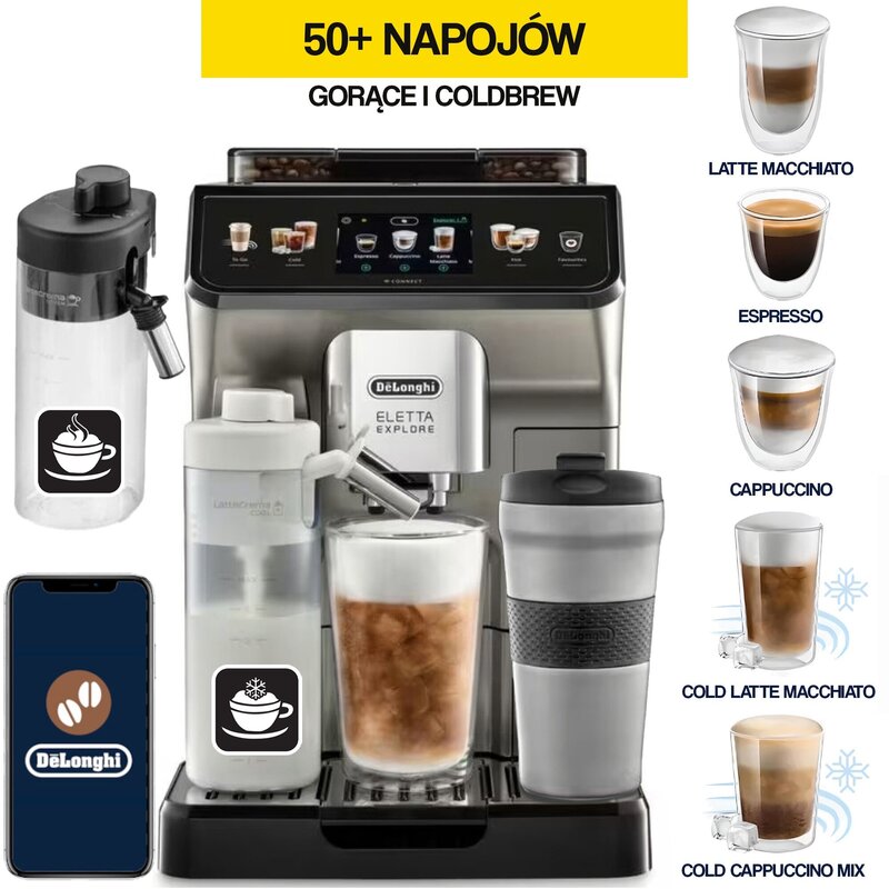 Ekspres DELONGHI Eletta Explore ECAM450.86.T (spienianie mleka na ciepło i zimno) (Cold Brew)