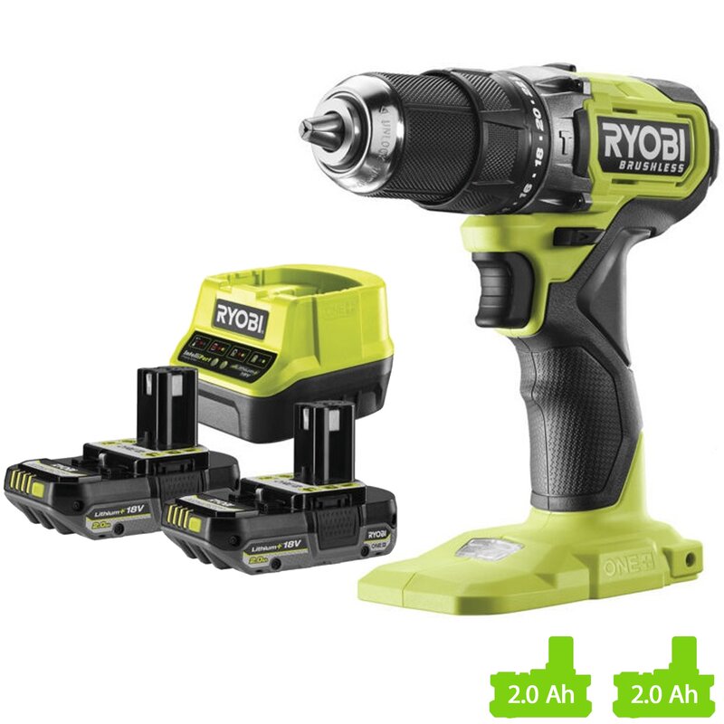 Wiertarko-wkrętarka udarowa RYOBI RPD18BL-2C20S + ładowarka + zestaw akumulatorów