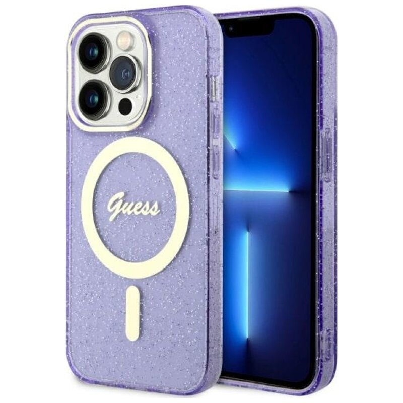 Etui GUESS Glitter Gold MagSafe do Apple iPhone 14 Pro Purpurowy