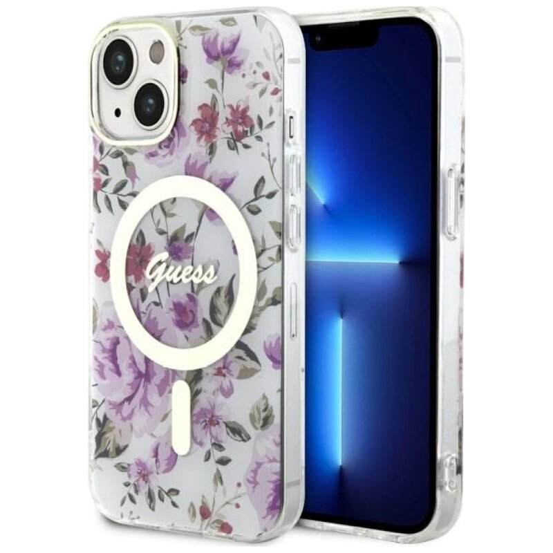 Etui GUESS Flower MagSafe do Apple iPhone 14 Plus Przezroczysty