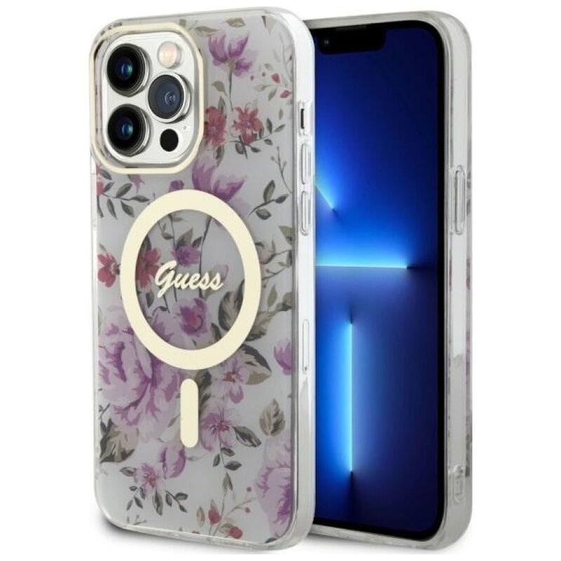 Etui GUESS Flower MagSafe do Apple iPhone 14 Pro Przezroczysty