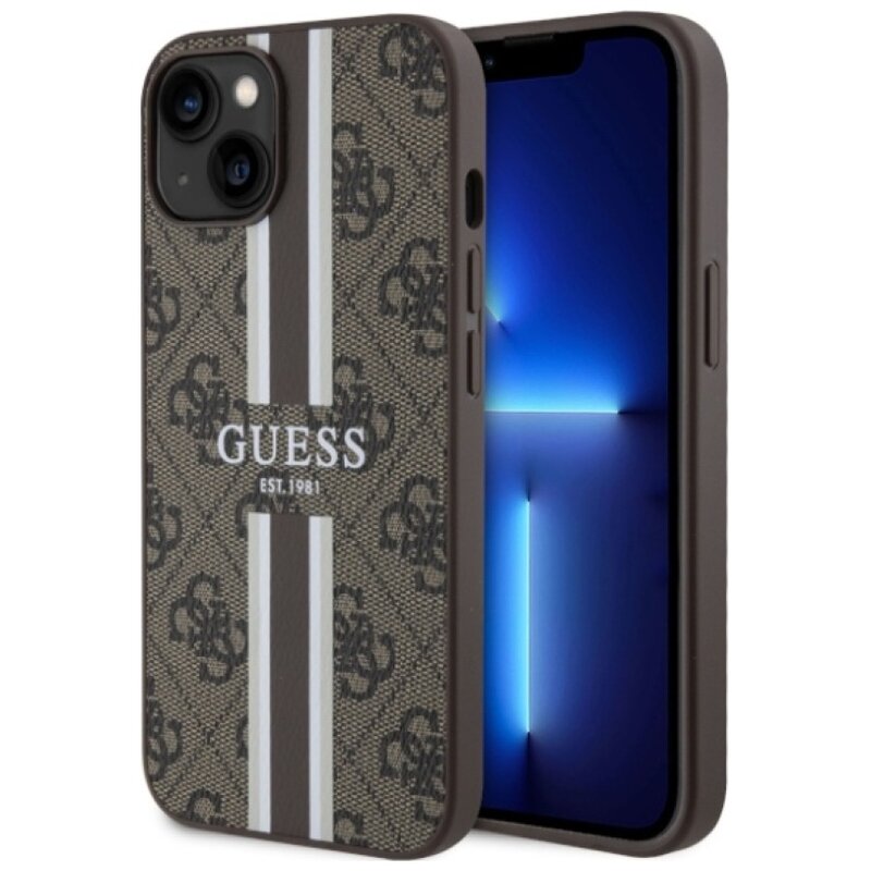 Etui GUESS 4G Printed Stripes MagSafe do Apple iPhone 14 Brązowy