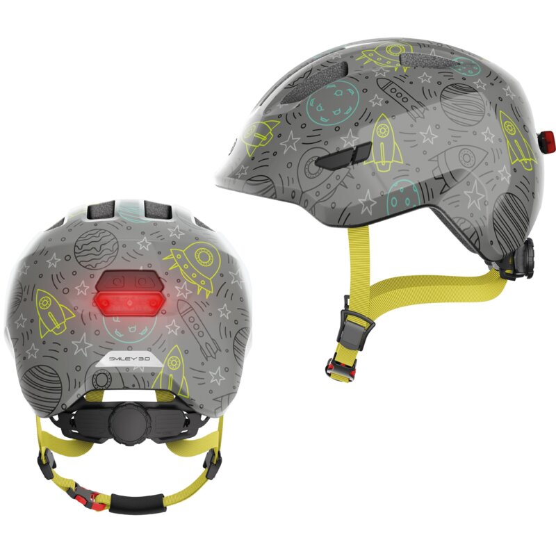 Kask rowerowy ABUS Smiley 3.0 LED Space Szaro-zielony dla Dzieci z lampką (rozmiar S)