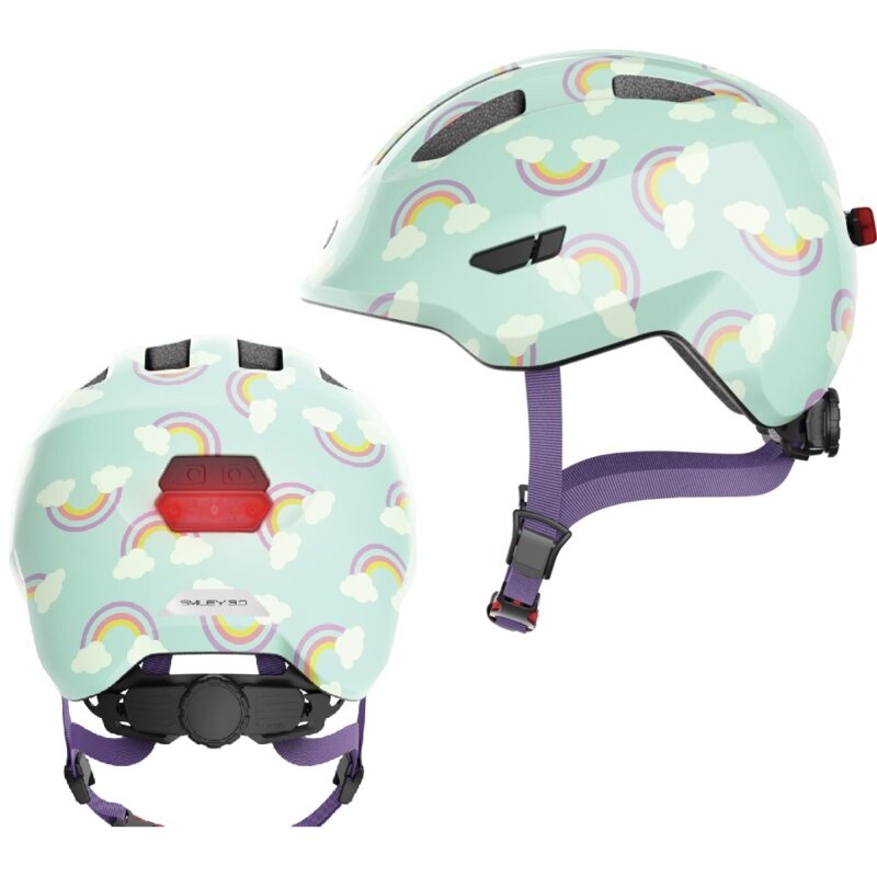 Kask rowerowy ABUS Smiley 3.0 LED Rainbow Niebiesko-zielony dla Dzieci z lampką (rozmiar S)