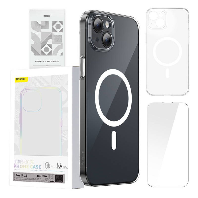 Etui BASEUS Magnetic Crystal Clear do Apple iPhone 13 Przezroczysty + szkło hartowane + zestaw czyszczący