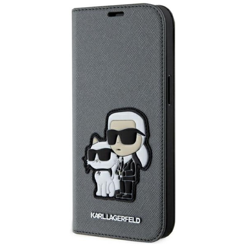 Etui KARL LAGERFELD Booktype Saffiano Karl & Choupette do Apple iPhone 14 Srebrny