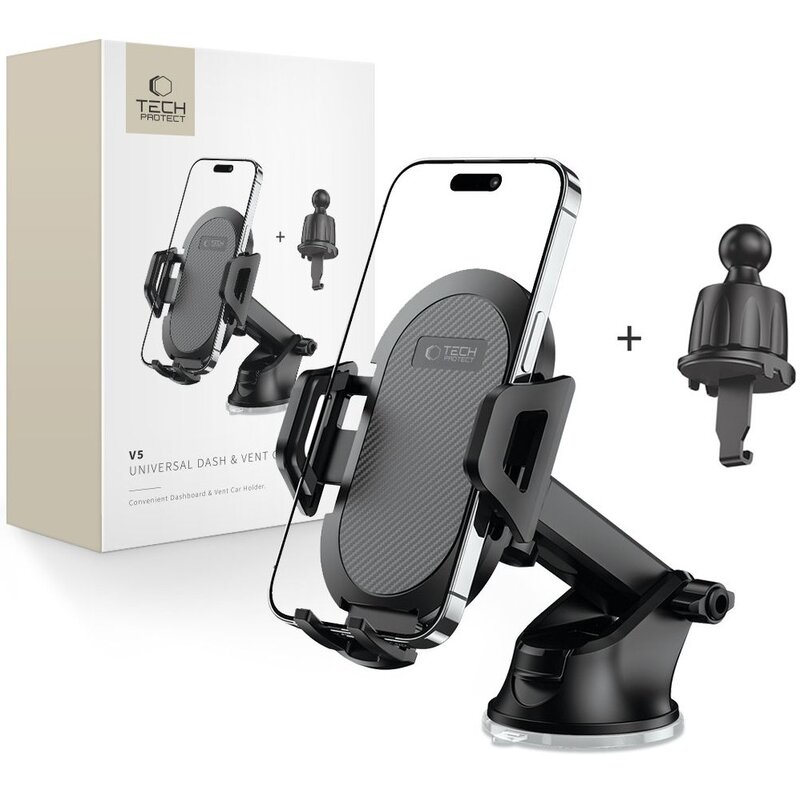 Uchwyt na telefon i smartfon TECH-PROTECT V5 DashBoard & Vent Czarny uchwyt samochodowy na szybę, kratkę nawiewu i deskę rozdzielczą