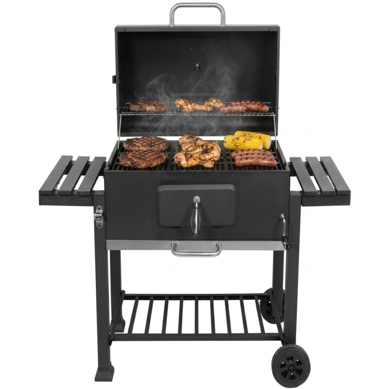 Grill ogrodowy węglowy LUND XXL 99917 Zamykany, żeliwny ruszt, półki boczne, termometr, kółka