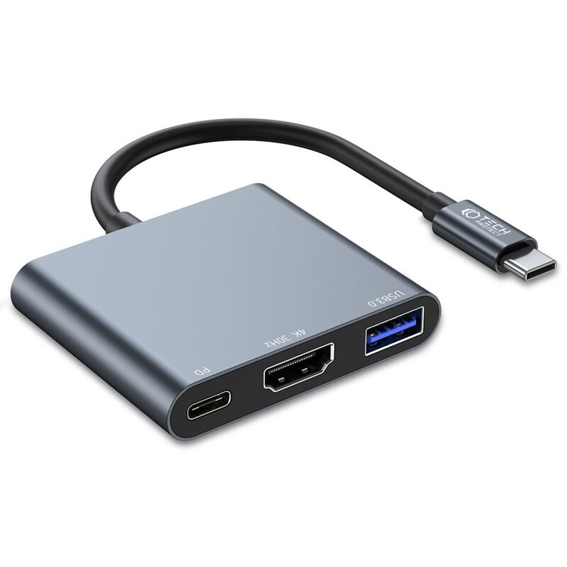 Tech-Protect V1 3w1 USB-A 3.0 USB-C PD 100W HDMI 4K 30Hz Szary
