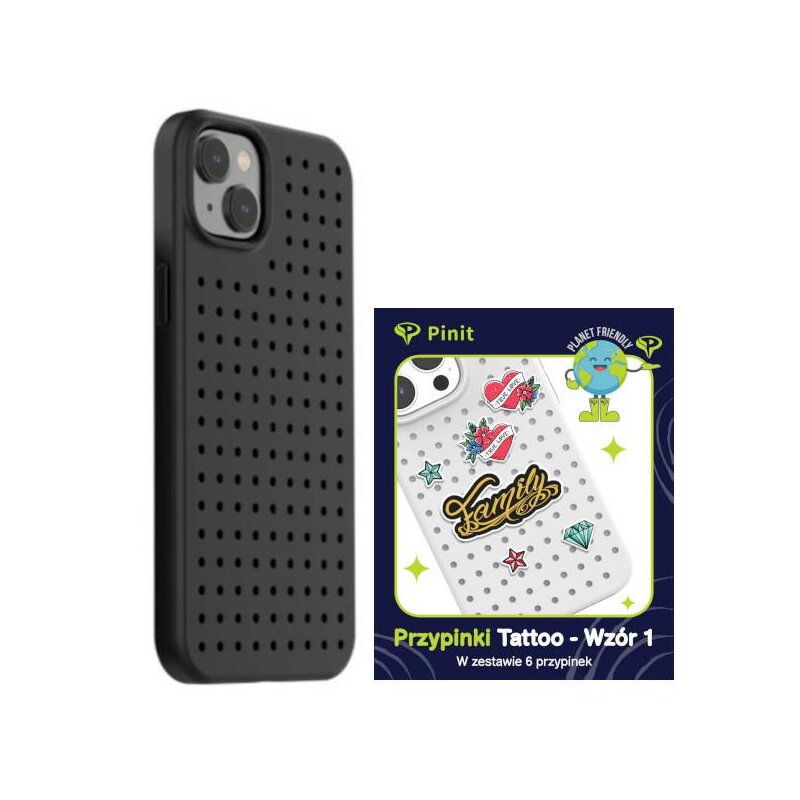 Etui PINIT Dynamic do Apple iPhone 14 Czarny + Pinit Tattoo Pin (Wzór 1)
