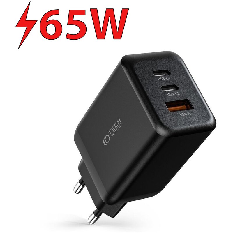 Ładowarka sieciowa TECH-PROTECT C65W 65W Czarny ładowarka do telefonu USB, USB-C