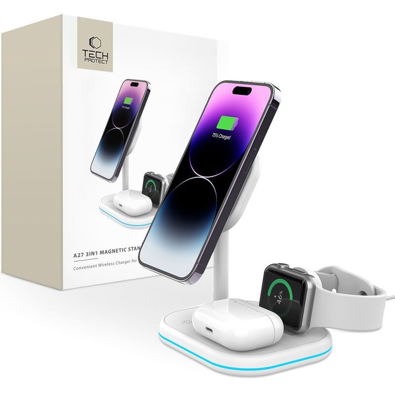 Ładowarka indukcyjna TECH-PROTECT QI15W-A27 3w1 Magnetic  Biały Qi MagSafe