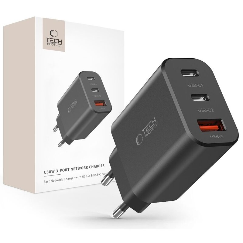 Ładowarka sieciowa TECH-PROTECT C30W 30W Czarny ładowarka do telefonu USB, USB-C