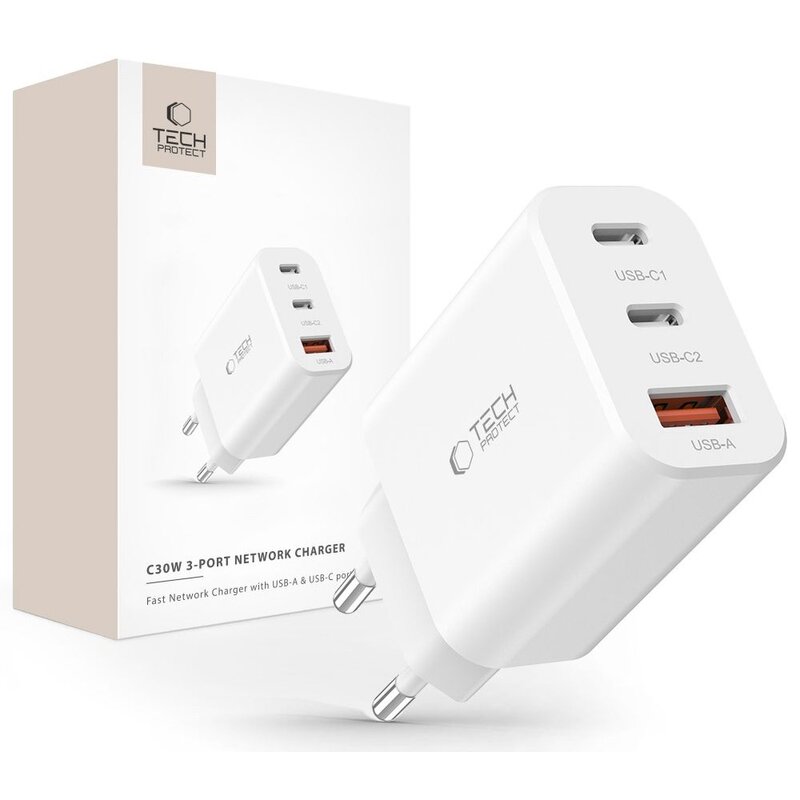 Ładowarka sieciowa TECH-PROTECT C30W 30W Biały ładowarka do telefonu USB, USB-C