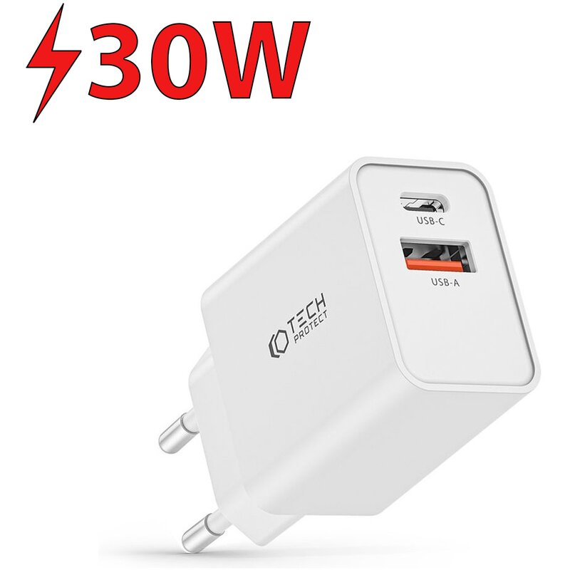 Ładowarka sieciowa TECH-PROTECT NC30W 30W Biały ładowarka do telefonu USB, USB-C
