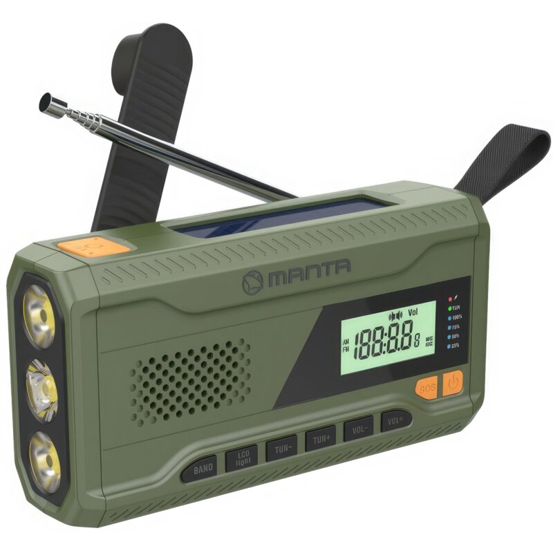 Manta RDI401G Na korbkę, Solarne, Latarka, Powerbank, Radio FM Zielony