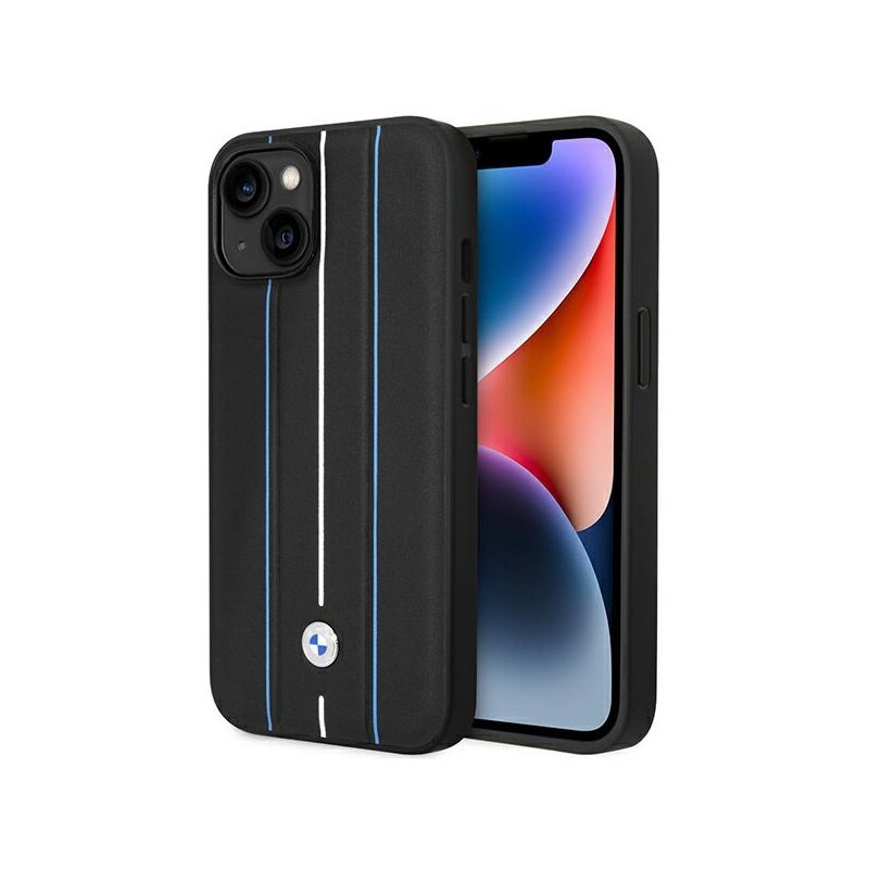 Etui BMW Leather Stamp Blue Line do Apple iPhone 14 Czarny