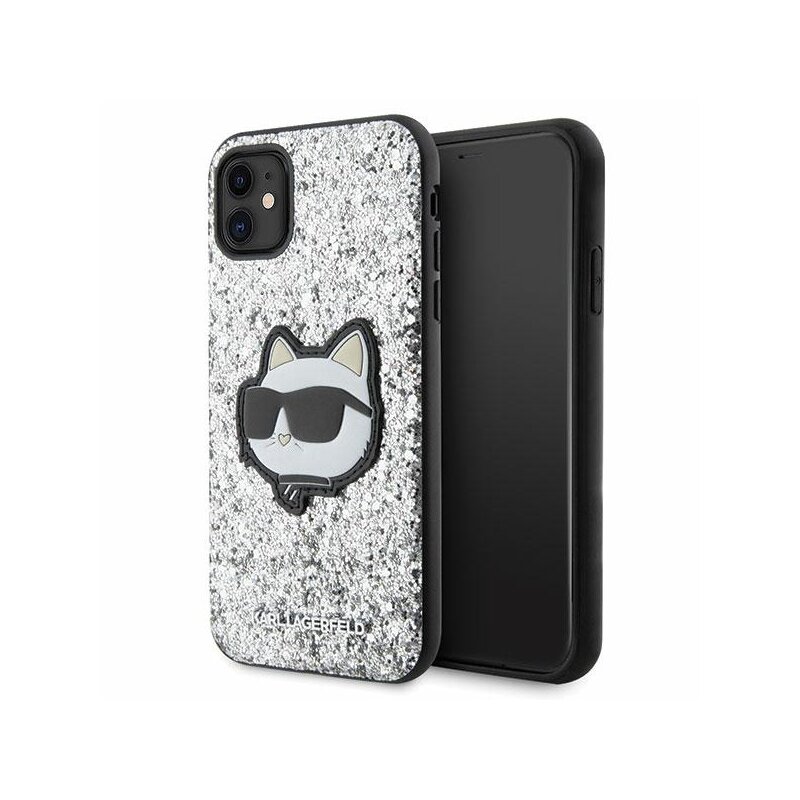 Etui KARL LAGERFELD Glitter Choupette Patch do Apple iPhone 11/Xr Srebrny