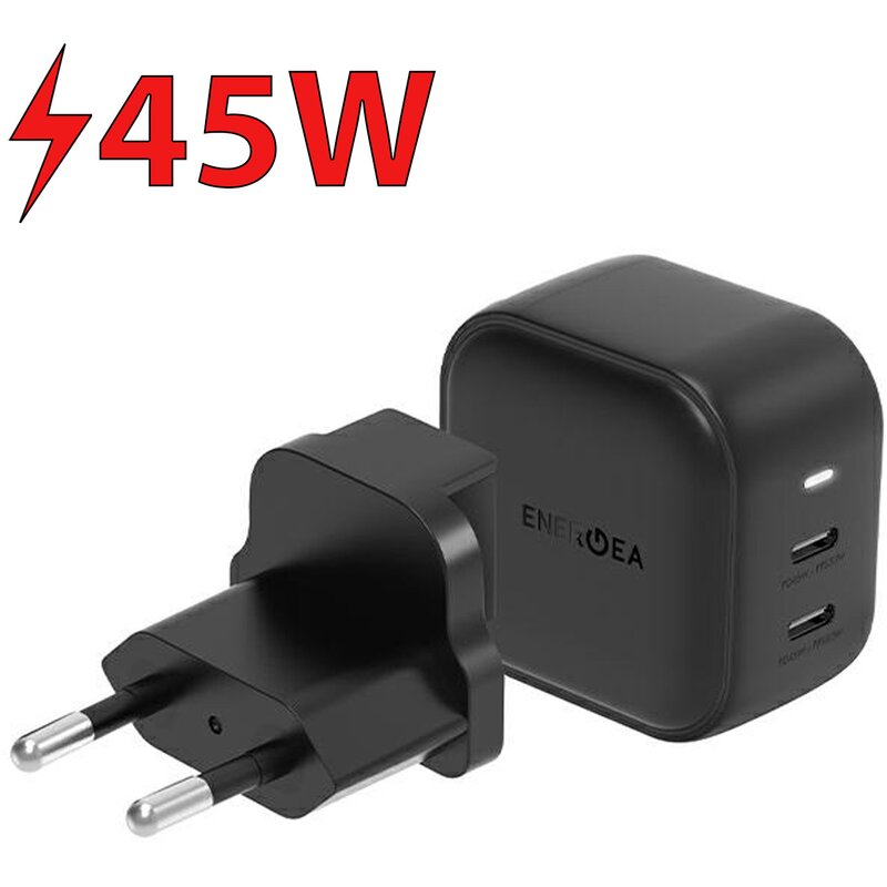 Energea 2xUSB-C PD-PPS 45W 2C US+EU Travelite GAN45 Czarny
