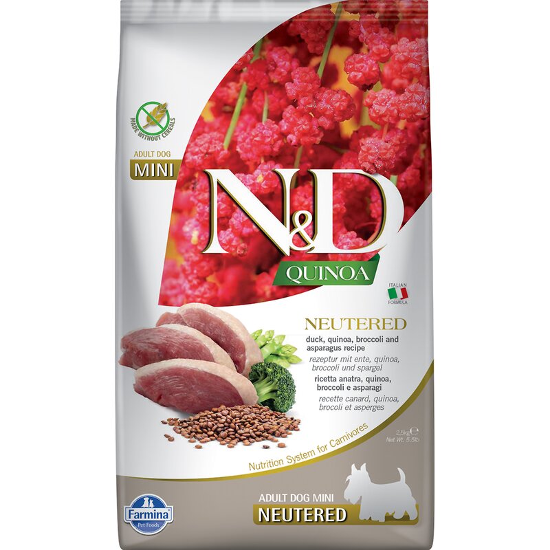 FARMINA N&D Quinoa Dog Duck, Broccoli, Asparagus Neutered Adult Mini - sucha karma dla psa - 2.5 kg
