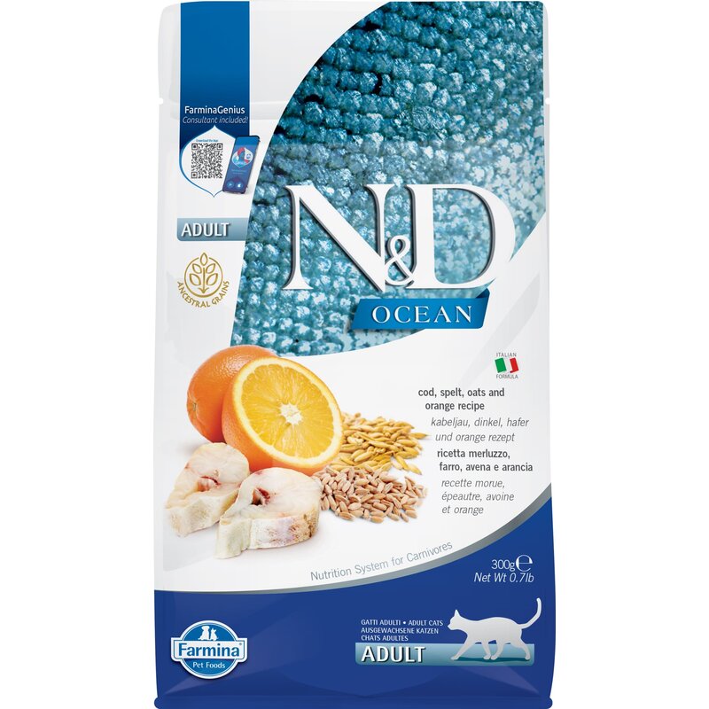 Karma dla kota FARMINA N&D Ocean Adult Dorsz, Orkisz, Owies i Pomarańcza 300 g