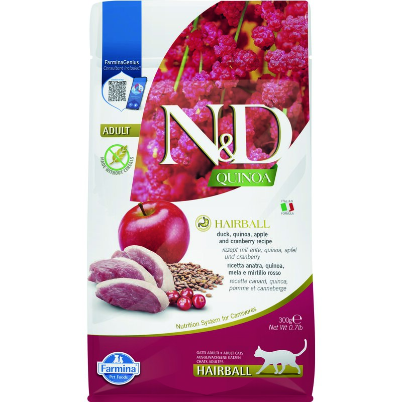 Karma dla kota FARMINA N&D Quinoa Hairball Kaczka z komosą ryżową z jabłkiem i żurawiną Adult 300gr