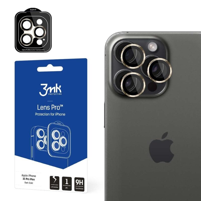Szkło hartowane na obiektyw 3MK Lens Protection Pro do Apple iPhone 15 Pro Max Ciemnozłoty