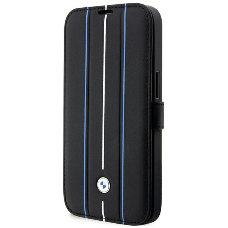 Etui BMW Leather Stamp Blue Lines do Apple iPhone 14 Pro Max Czarny