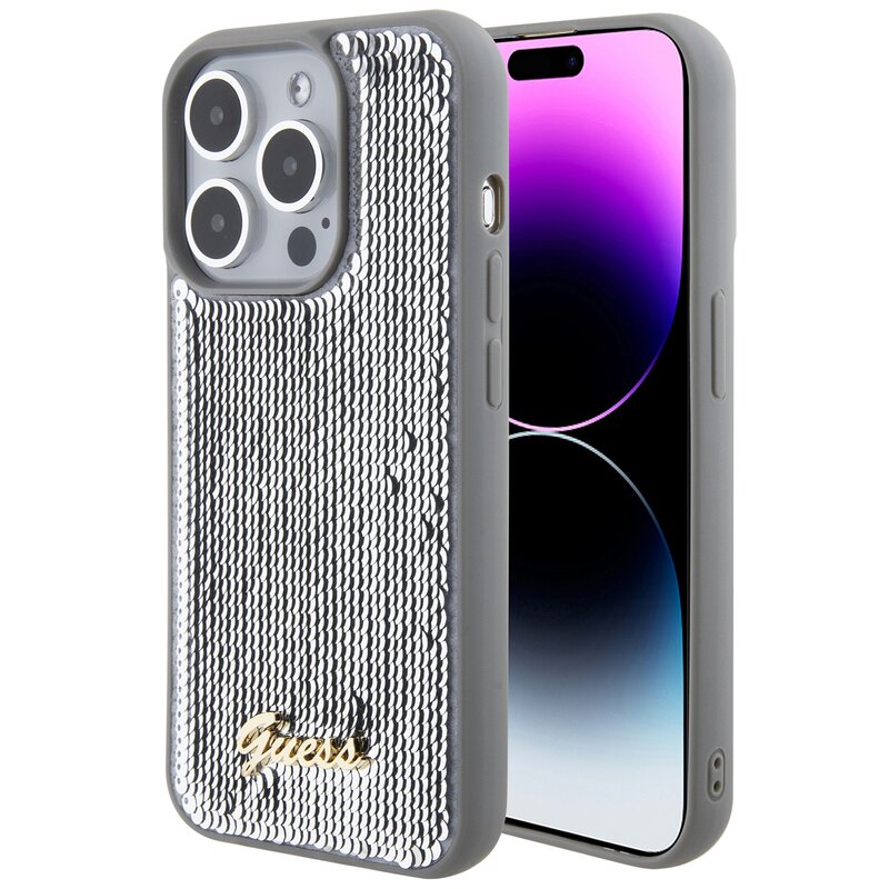 Etui GUESS Sequin Script Metal do Apple iPhone 15 Pro Srebrny