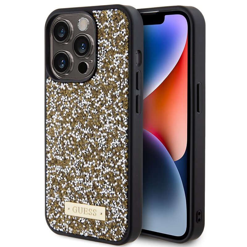 Etui GUESS Rhinestone Metal Logo do Apple iPhone 15 Pro Żółty