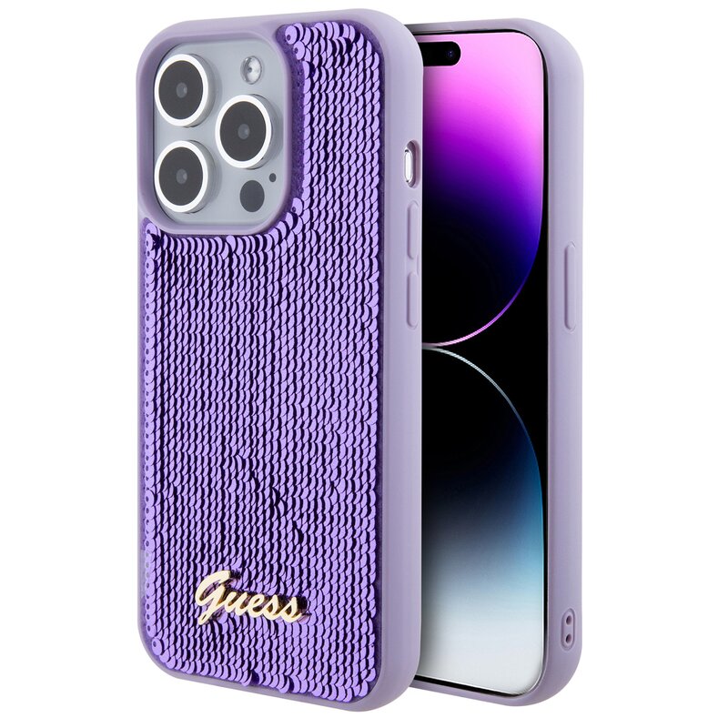 Etui GUESS Sequin Script Metal do Apple iPhone 15 Pro Fioletowy