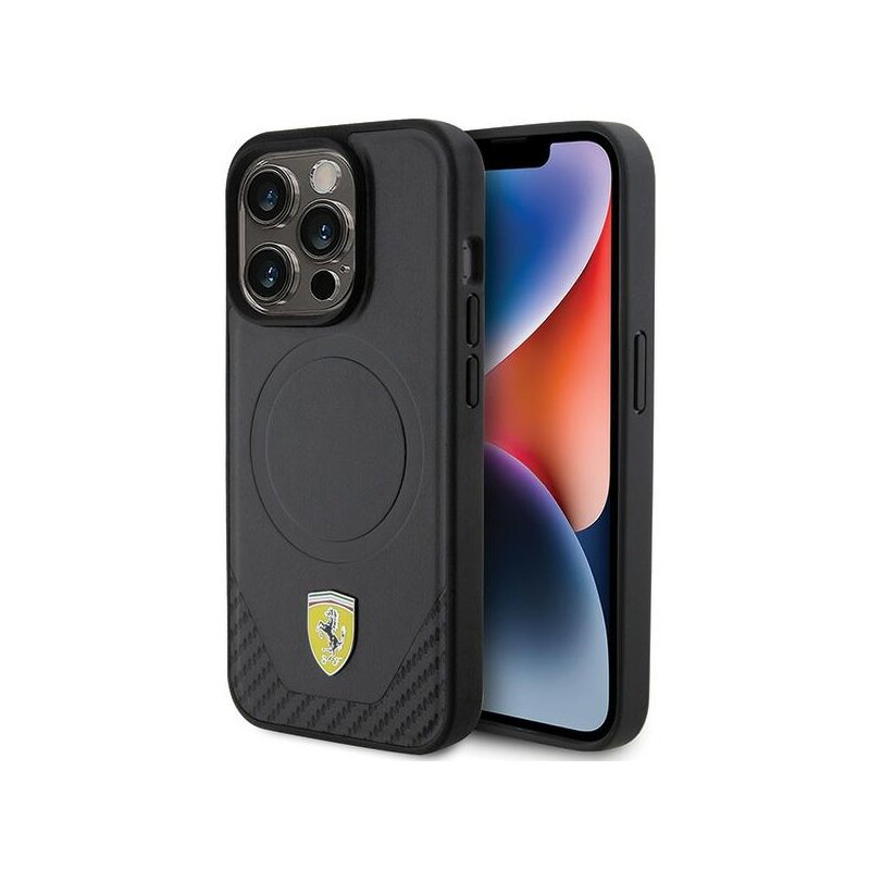 Etui FERRARI Carbon Metal Logo MagSafe do Apple iPhone 15 Pro Czarny