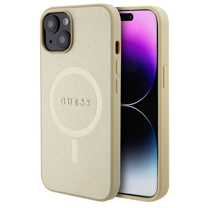Etui GUESS Saffiano HardCase MagSafe do Apple iPhone 15 Plus Złoty